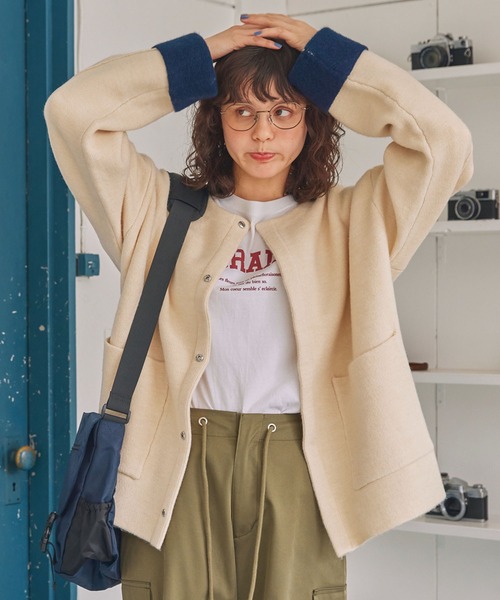 MONO-MART LADY'S（モノマートレディース）の「ダブルフェイス配色ノーカラーニットカーディガン（カーディガン/ボレロ・レディース・ブラック/アイボリー/杢グレー/ブラウン・FREE）」の21枚目の写真