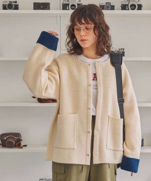 MONO-MART LADY'S（モノマートレディース）の「ダブルフェイス配色ノーカラーニットカーディガン（カーディガン/ボレロ・レディース・ブラック/アイボリー/杢グレー/ブラウン・FREE）」の22枚目の写真