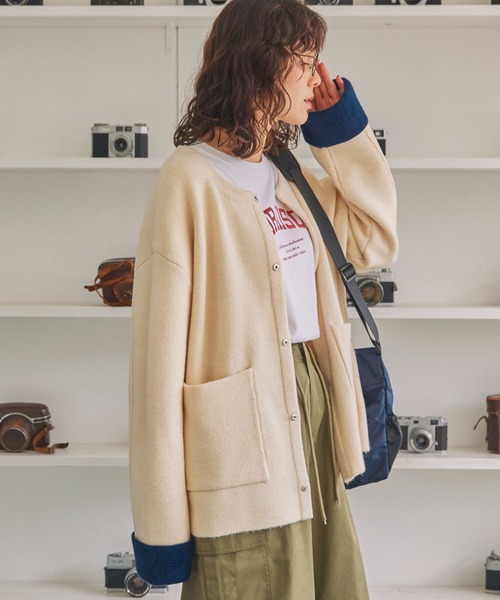 ダブルフェイス配色ノーカラーニットカーディガン MONO-MART LADY'S