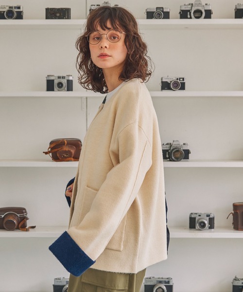 セール】ダブルフェイス配色ノーカラーニットカーディガン