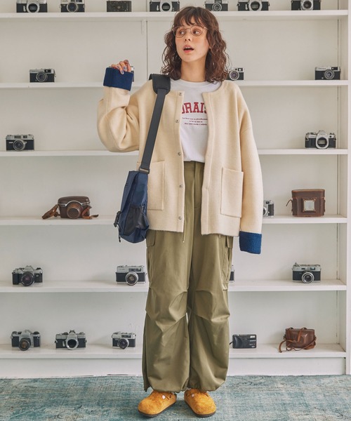 セール】ダブルフェイス配色ノーカラーニットカーディガン