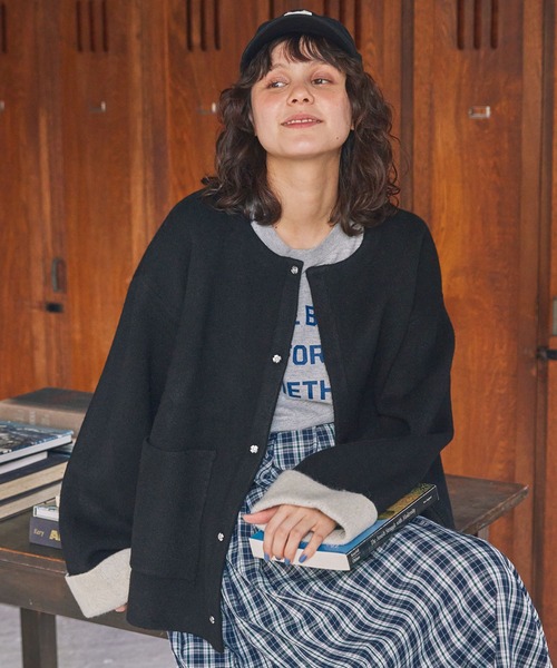 ダブルフェイス配色ノーカラーニットカーディガン MONO-MART LADY'S