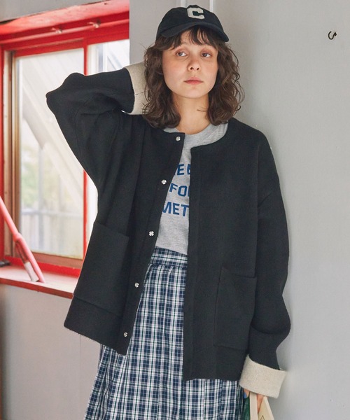 ダブルフェイス配色ノーカラーニットカーディガン MONO-MART LADY'S