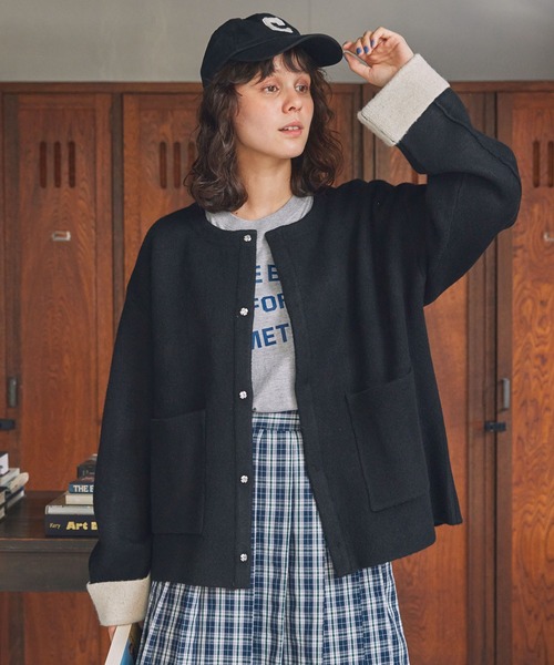 ダブルフェイス配色ノーカラーニットカーディガン MONO-MART LADY'S