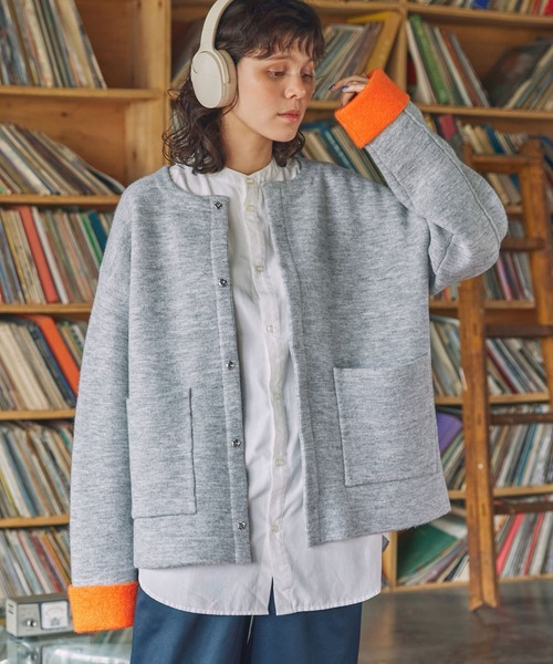 ダブルフェイス配色ノーカラーニットカーディガン MONO-MART LADY'S