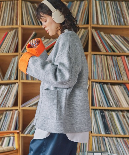 MONO-MART LADY'S（モノマートレディース）の「ダブルフェイス配色ノーカラーニットカーディガン（カーディガン/ボレロ・レディース・ブラック/アイボリー/杢グレー/ブラウン・FREE）」の10枚目の写真