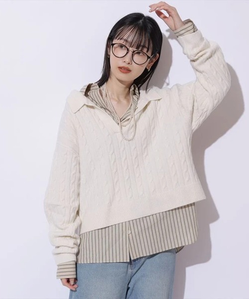 Mystrada（マイストラーダ）の「アクアケーブルポロニット（ニット/セーター・レディース・オフホワイト/ブラック系その他/ライトブルー/ピンク/ダークブラウン・38）」の6枚目の写真