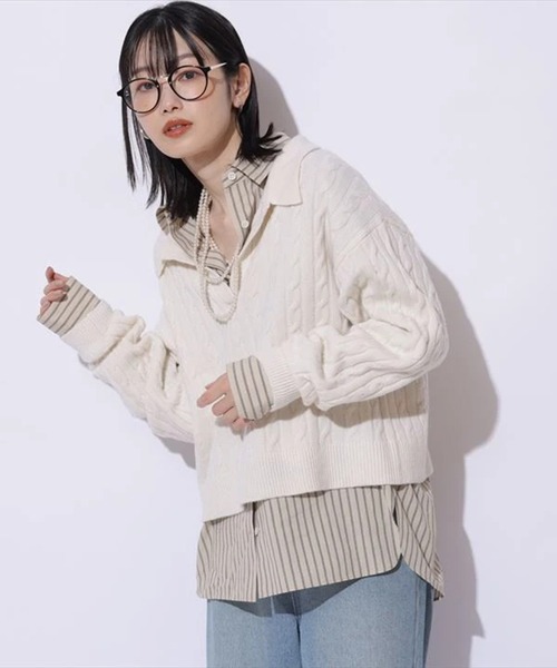 Mystrada（マイストラーダ）の「アクアケーブルポロニット（ニット/セーター・レディース・オフホワイト/ブラック系その他/ライトブルー/ピンク/ダークブラウン・38）」の7枚目の写真