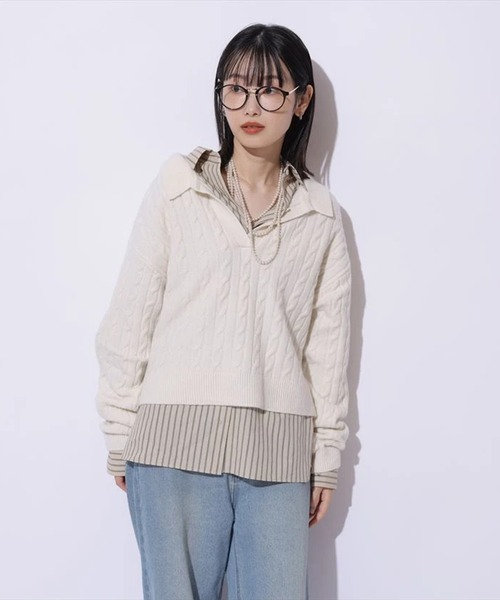 Mystrada（マイストラーダ）の「アクアケーブルポロニット（ニット/セーター・レディース・オフホワイト/ブラック系その他/ライトブルー/ピンク/ダークブラウン・38）」の8枚目の写真