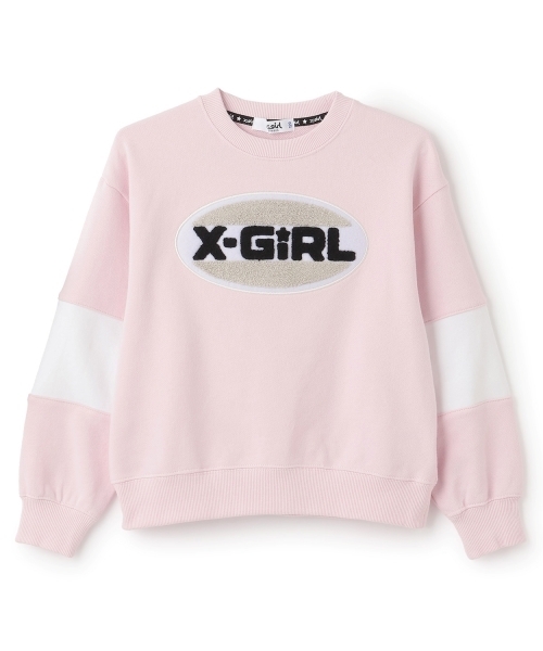 X-girl Stages（エックスガールステージス）の「【TBSドラマ フェイクマミー 着用アイテム】サガラ刺しゅうオーバルロゴ配色トレーナー（スウェット・キッズ・ピンク/ネイビー・140cm/110cm/120cm/100cm/130cm/90cm/80ｃｍ）」の2枚目の写真