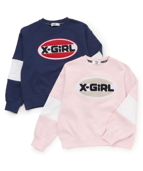 X-girl Stages（エックスガールステージス）の「【TBSドラマ フェイクマミー 着用アイテム】サガラ刺しゅうオーバルロゴ配色トレーナー（スウェット・キッズ・ピンク/ネイビー・140cm/110cm/120cm/100cm/130cm/90cm/80ｃｍ）」の6枚目の写真