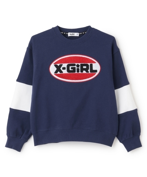 X-girl Stages（エックスガールステージス）の「【TBSドラマ フェイクマミー 着用アイテム】サガラ刺しゅうオーバルロゴ配色トレーナー（スウェット・キッズ・ピンク/ネイビー・140cm/110cm/120cm/100cm/130cm/90cm/80ｃｍ）」の4枚目の写真