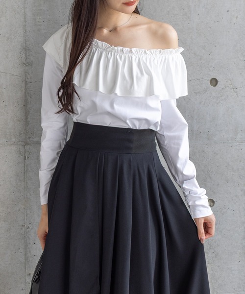 CLEAR BASIC（クリアベーシック）の「マルチwayフリル長袖カットソートップス［大人 カジュアル 着回し力抜群］（Tシャツ/カットソー・レディース・オフホワイト/ブラック・F）」の2枚目の写真