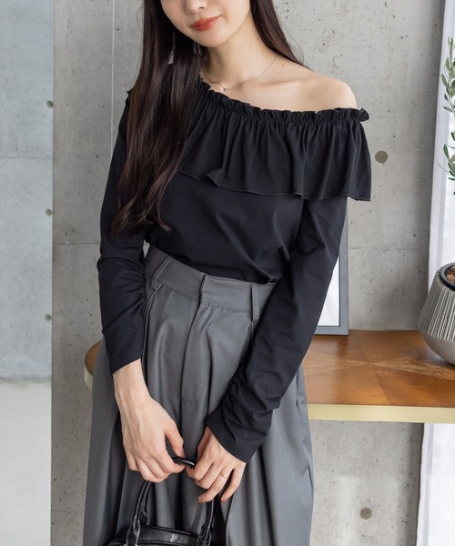 CLEAR BASIC（クリアベーシック）の「マルチwayフリル長袖カットソートップス［大人 カジュアル 着回し力抜群］（Tシャツ/カットソー・レディース・オフホワイト/ブラック・F）」の15枚目の写真