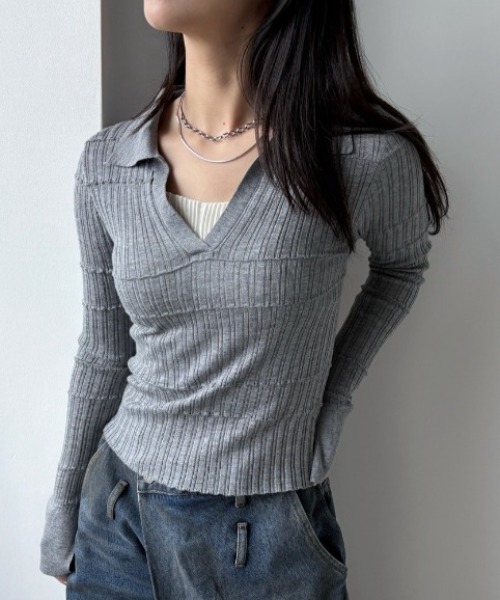 VACANCY(ヴァカンシー)の「ランダムリブスキッパーポロトップス(Tシャツ/カットソー・レディース・グレー/ネイビー/ブラック・FREE)」の2枚目の写真