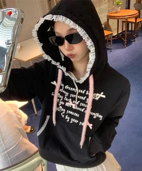 shopnikoniko(ショップニコニコ)の「レースフード ロゴリボン フーディーパーカー(パーカー・レディース・ブラック・フリー)」の9枚目の写真