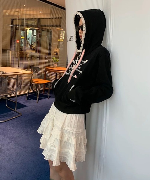 shopnikoniko(ショップニコニコ)の「レースフード ロゴリボン フーディーパーカー(パーカー・レディース・ブラック・フリー)」の8枚目の写真