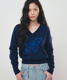 BUTTERFLY V NECK JACQUARD KNIT_NAVY