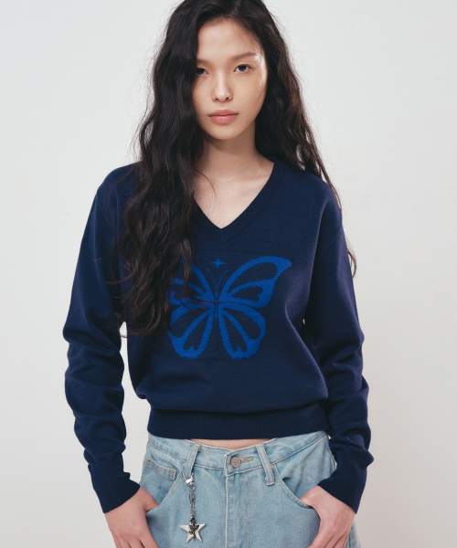 NICK&NICOLE(ニックアンドニコール)の「BUTTERFLY V NECK JACQUARD KNIT_NAVY(ニット/セーター・レディース・その他・FREE)」の1枚目の写真