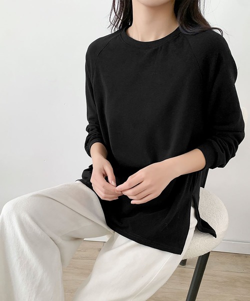 LOWO（ロワ）の「しっかり素材の大人ロンT｜前後差×スリットでおしゃれ見え レディース 長袖 無地（Tシャツ/カットソー・レディース・ブラック/チャコールグレー/オフホワイト/ネイビー/ボルドー/ブラウン・FREE）」の17枚目の写真