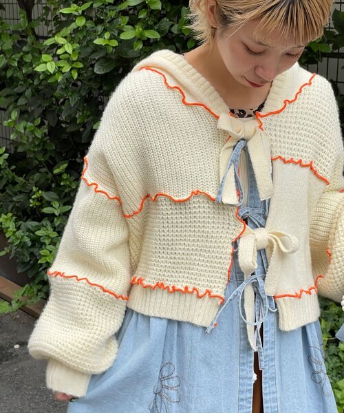 HELLO.SANFRANCISCO（ハローサンフランシスコ）の「【HELLO.SANFRANCISCO/ハローサンフランシスコ】配色メローパッチワークフーディーカーデ（カーディガン/ボレロ・レディース・イエロー/オフホワイト/ブルー/グレー・ONE SIZE）」の5枚目の写真