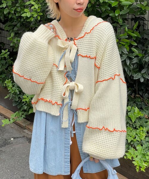 HELLO.SANFRANCISCO（ハローサンフランシスコ）の「【HELLO.SANFRANCISCO/ハローサンフランシスコ】配色メローパッチワークフーディーカーデ（カーディガン/ボレロ・レディース・イエロー/オフホワイト/ブルー/グレー・ONE SIZE）」の6枚目の写真