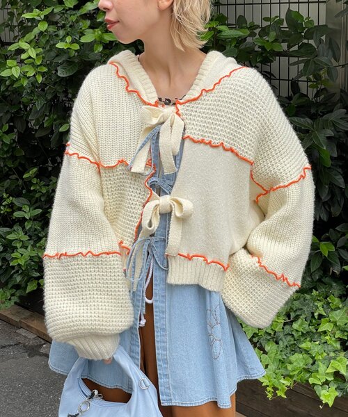 HELLO.SANFRANCISCO（ハローサンフランシスコ）の「【HELLO.SANFRANCISCO/ハローサンフランシスコ】配色メローパッチワークフーディーカーデ（カーディガン/ボレロ・レディース・イエロー/オフホワイト/ブルー/グレー・ONE SIZE）」の7枚目の写真