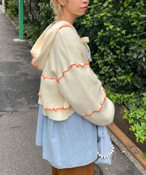 HELLO.SANFRANCISCO（ハローサンフランシスコ）の「【HELLO.SANFRANCISCO/ハローサンフランシスコ】配色メローパッチワークフーディーカーデ（カーディガン/ボレロ・レディース・イエロー/オフホワイト/ブルー/グレー・ONE SIZE）」の9枚目の写真