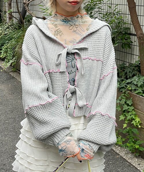 HELLO.SANFRANCISCO（ハローサンフランシスコ）の「【HELLO.SANFRANCISCO/ハローサンフランシスコ】配色メローパッチワークフーディーカーデ（カーディガン/ボレロ・レディース・イエロー/オフホワイト/ブルー/グレー・ONE SIZE）」の14枚目の写真