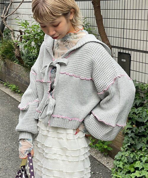 HELLO.SANFRANCISCO（ハローサンフランシスコ）の「【HELLO.SANFRANCISCO/ハローサンフランシスコ】配色メローパッチワークフーディーカーデ（カーディガン/ボレロ・レディース・イエロー/オフホワイト/ブルー/グレー・ONE SIZE）」の16枚目の写真