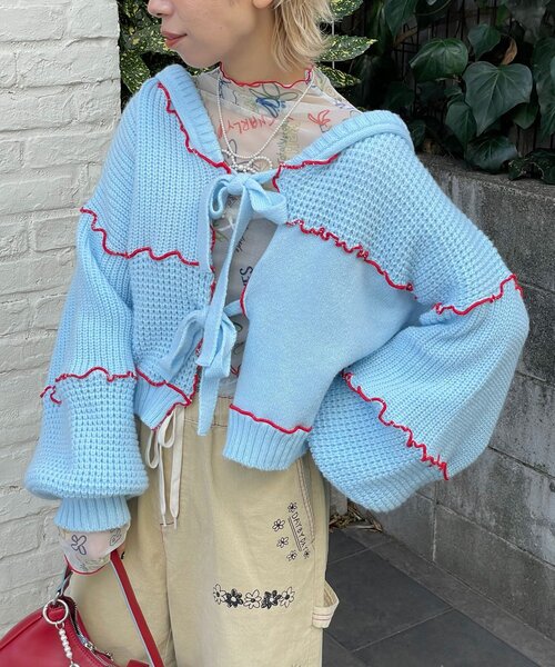 HELLO.SANFRANCISCO（ハローサンフランシスコ）の「【HELLO.SANFRANCISCO/ハローサンフランシスコ】配色メローパッチワークフーディーカーデ（カーディガン/ボレロ・レディース・イエロー/オフホワイト/ブルー/グレー・ONE SIZE）」の21枚目の写真