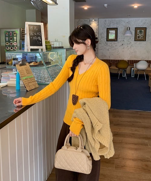 Aelina(エリナ)の「Vネックツイストパターンニットセーター(ニット/セーター・レディース・ベージュ/ネイビー/イエロー/ブルー・FREE)」の13枚目の写真