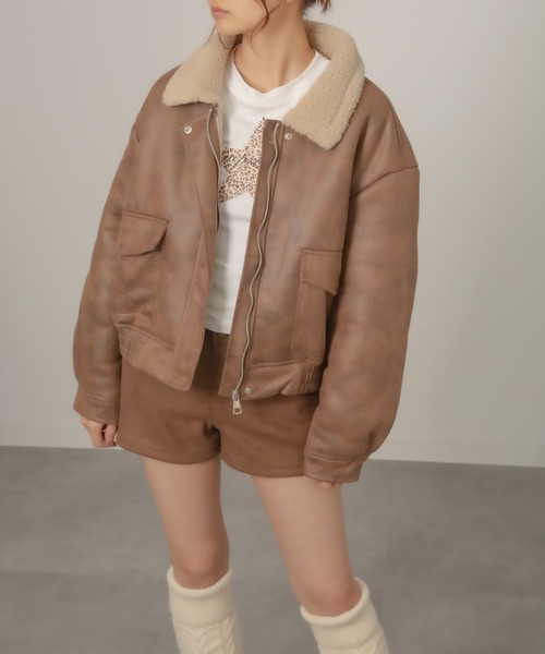 セール】Chiina /フェイクレザー ボアバイカラームートンジャケット