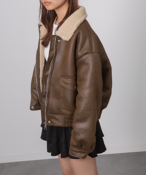 セール】Chiina /フェイクレザー ボアバイカラームートンジャケット