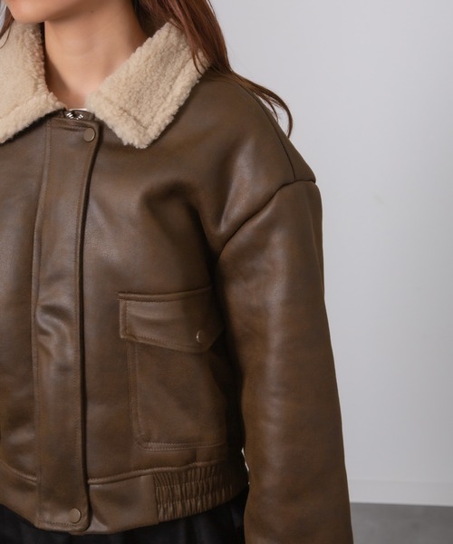 セール】Chiina /フェイクレザー ボアバイカラームートンジャケット