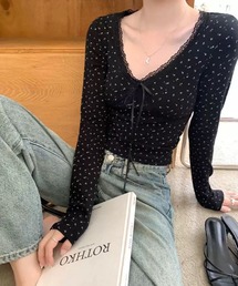 レース リボン フラワー柄 Vネック 長袖リブトップス 胸パッド付
