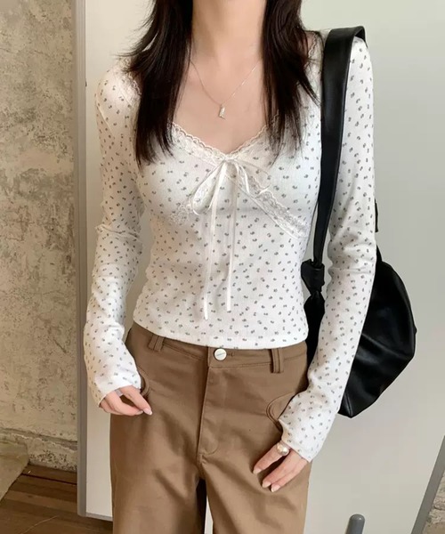 WESTSEA（ウエストシー）の「レース リボン フラワー柄 Vネック 長袖リブトップス 胸パッド付（Tシャツ/カットソー・レディース・ブラック/ホワイト/ピンク・FREE）」の17枚目の写真