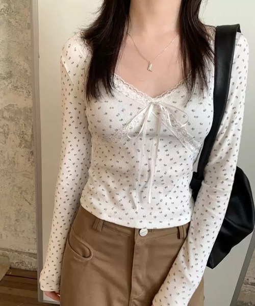 WESTSEA（ウエストシー）の「レース リボン フラワー柄 Vネック 長袖リブトップス 胸パッド付（Tシャツ/カットソー・レディース・ブラック/ホワイト/ピンク・FREE）」の18枚目の写真