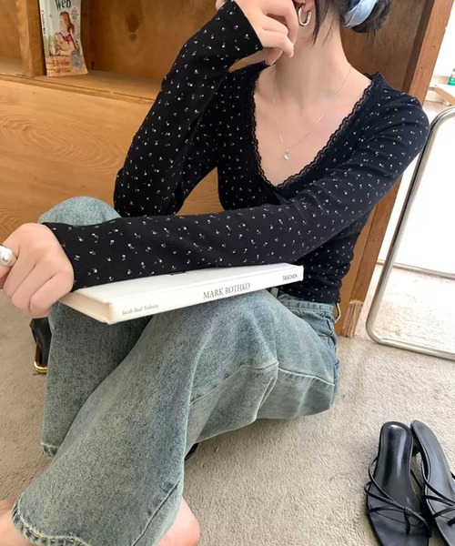WESTSEA（ウエストシー）の「レース リボン フラワー柄 Vネック 長袖リブトップス 胸パッド付（Tシャツ/カットソー・レディース・ブラック/ホワイト/ピンク・FREE）」の15枚目の写真