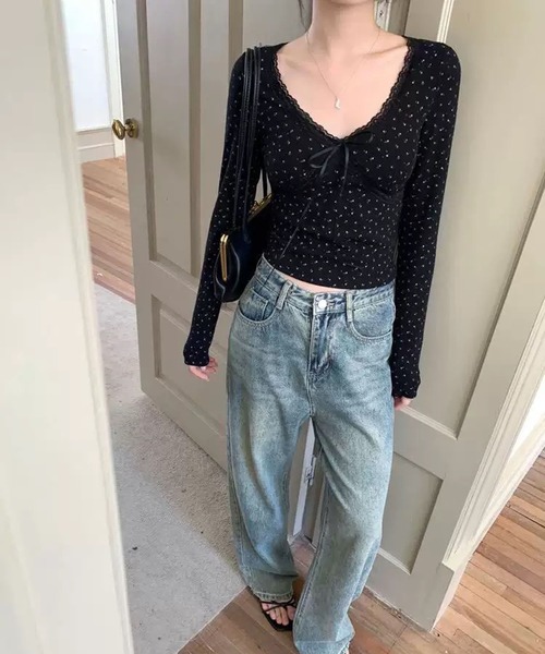 WESTSEA（ウエストシー）の「レース リボン フラワー柄 Vネック 長袖リブトップス 胸パッド付（Tシャツ/カットソー・レディース・ブラック/ホワイト/ピンク・FREE）」の6枚目の写真