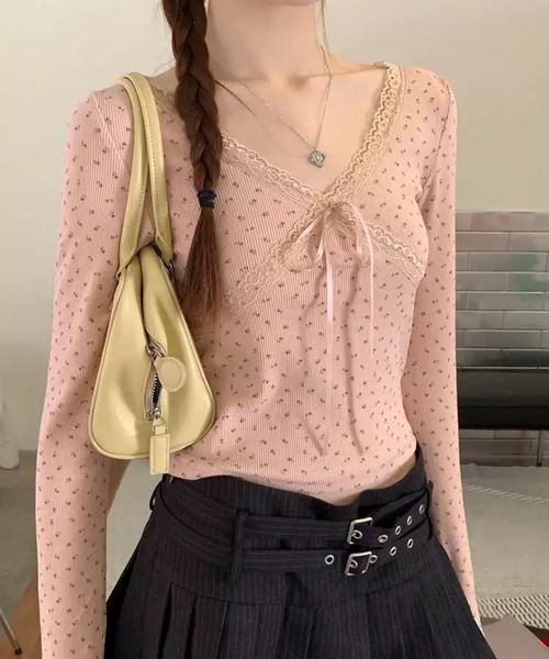 WESTSEA（ウエストシー）の「レース リボン フラワー柄 Vネック 長袖リブトップス 胸パッド付（Tシャツ/カットソー・レディース・ブラック/ホワイト/ピンク・FREE）」の7枚目の写真