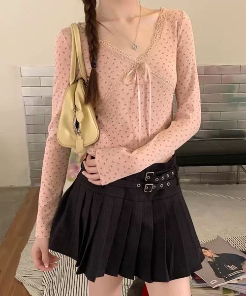 WESTSEA（ウエストシー）の「レース リボン フラワー柄 Vネック 長袖リブトップス 胸パッド付（Tシャツ/カットソー・レディース・ブラック/ホワイト/ピンク・FREE）」の8枚目の写真