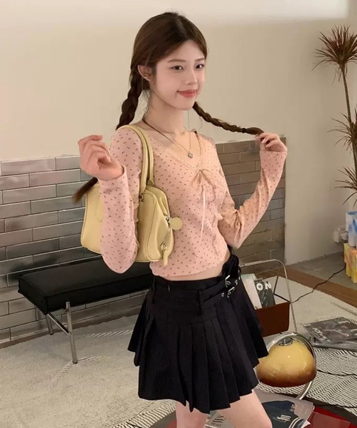 WESTSEA（ウエストシー）の「レース リボン フラワー柄 Vネック 長袖リブトップス 胸パッド付（Tシャツ/カットソー・レディース・ブラック/ホワイト/ピンク・FREE）」の10枚目の写真
