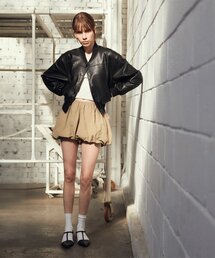 LADY VOLUME | CROP BLOUSON LEATHER JUMPER_BLACK(ブルゾン)