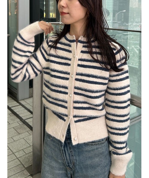moussy SHADOW STRIPE KNIT カーディガン　マウジー MOUSSY SHADOW STRIPE KNIT カーディガン BLK -ファッション通販