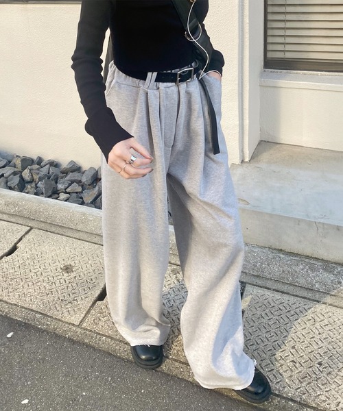 ワンタックワイドスウェットパンツ (kiharu select) / ワイドパンツ カーブ ベルトループ きれいめ タックパンツ グレー