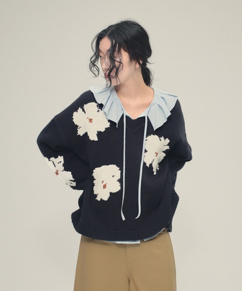 eL(エル)の「【eL】5G Flower Jacquard Pullover/641230(ニット/セーター・レディース・グレー系/ネイビー系・FREE)」の1枚目の写真