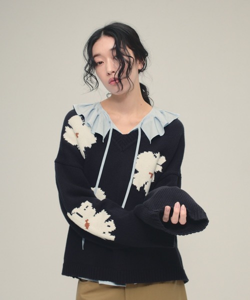 eL(エル)の「【eL】5G Flower Jacquard Pullover/641230(ニット/セーター・レディース・グレー系/ネイビー系・FREE)」の7枚目の写真