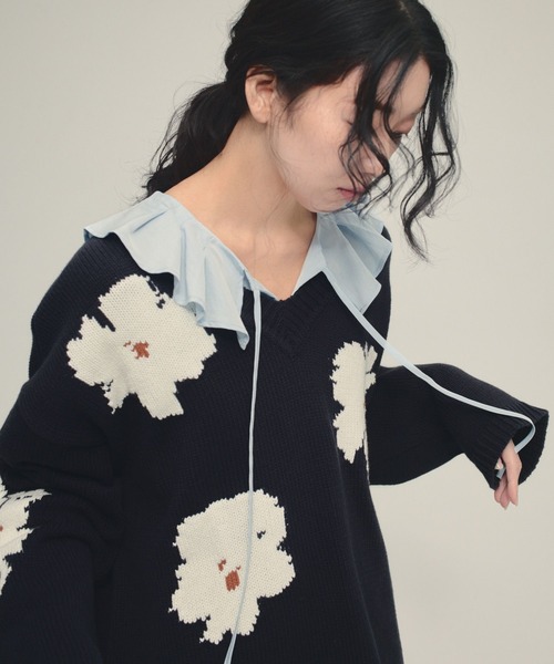 eL(エル)の「【eL】5G Flower Jacquard Pullover/641230(ニット/セーター・レディース・グレー系/ネイビー系・FREE)」の8枚目の写真