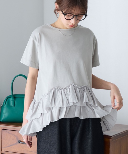 BONLECILL(ボンルシール)の「【接触冷感/UVカット/洗える】裾メニーフリルT(Tシャツ/カットソー・レディース・グレー/チャコールグレー/オフホワイト/クリーム/ピンク/ブラック・FREE)」の4枚目の写真